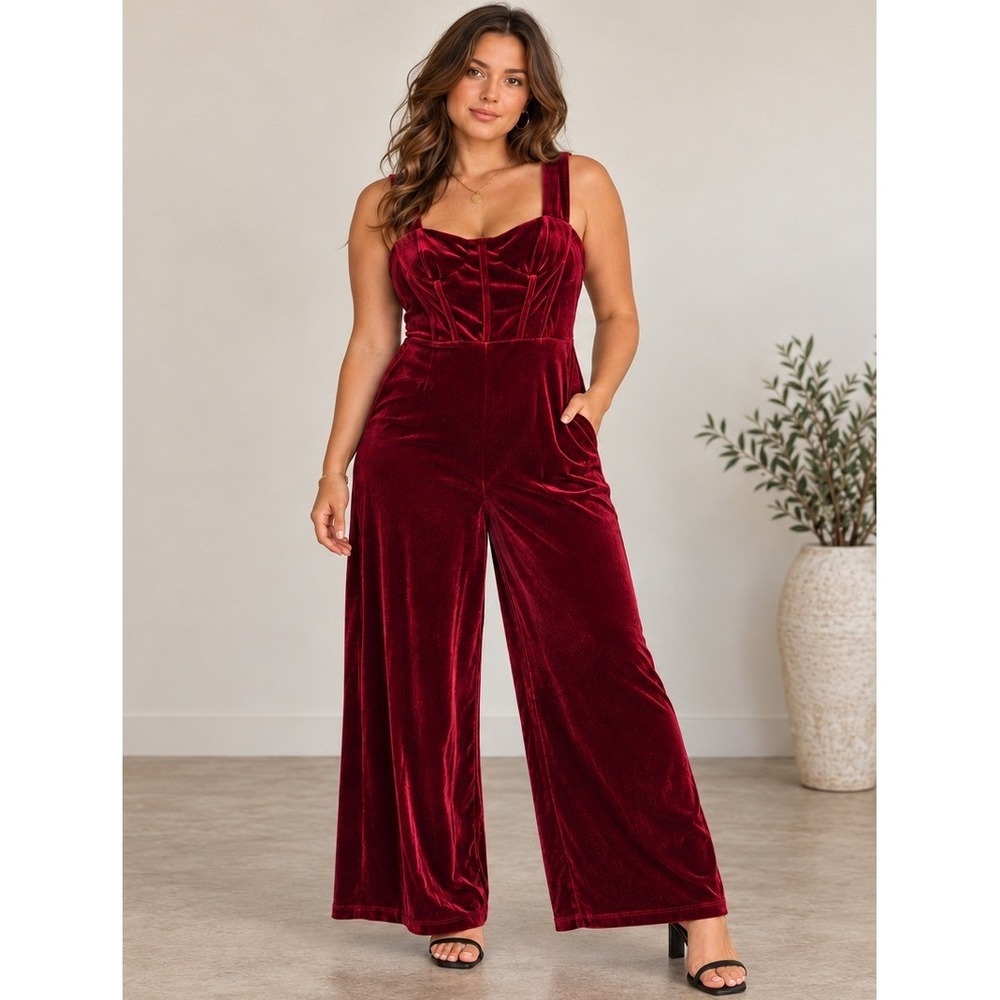 Cider Burgundy Velvet Corset Wide Leg Jumpsuit Sweetheart Neckline NWT L